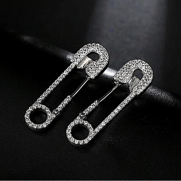 Silver Rhinestone Safety Pin Earrings, Minimalist - Picture 2 of 6